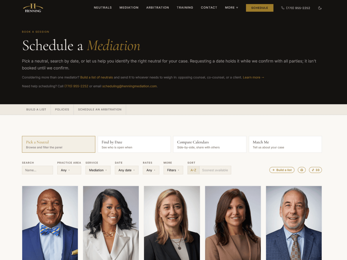 Scheduling page on the new henningmediation.com, showing neutral filters and availability