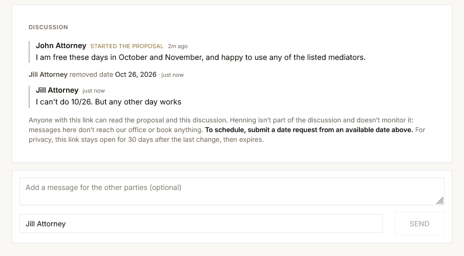 The discussion feed on a proposal, showing the original note, a system line recording a removed date, and a reply