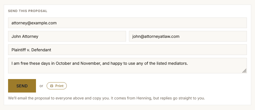 The send form on a neutral proposal: recipient email, sender name and email, case name, and an optional note